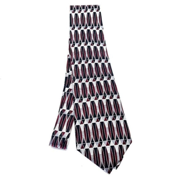 Pierre Cardin Red Gray Silk Tie Woven Short Wide Geometric - Picture 6 of 6